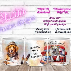 Retirado pero no caducado -Disfruta el momento-Humor-Perros-Libro-Retiro-Vino-Café -Bulldog-Golden-Cups/Mugs 11/15 oz-PNG-300+ dpi-Clipart