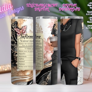 Infirmière- Nurse - Valeur nutritive - Stéthoscope - Uniforme noir - Médical - Café - PNG - En FRANÇAIS - Tumbler/Gobelet 20 oz -