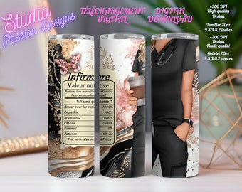 Nurse - Nutritional Value - Stethoscope - Black Uniform - Medical - Coffee - PNG - In FRENCH - Tumbler/Tumbler 20 oz -