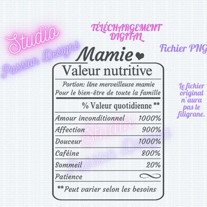 Tableau ''Valeur nutritive'' Mamie - Fichier transparent - PNG - En français - Clipart