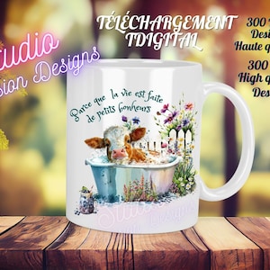 Vache mignonne bain - Vie petits bonheurs - Citation - Inspiration- EN FRANÇAIS - PNG haute qualité - Tasse-Chandail- Coussin- Sublimation