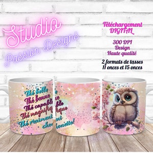 Chouette - Hibou - Thé - Citation - Estime - EN FRANÇAIS -Pour tasses 11 oz et 15 oz - Fichiers numériques PNG de haute qualité