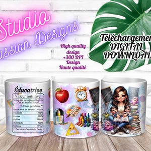 Éducatrice - Éducatrice spécialisée - Garderie- Petite enfance - École - Enfants - EN français - Tasses 11 oz et 15 oz -PNG - 300+ dpi