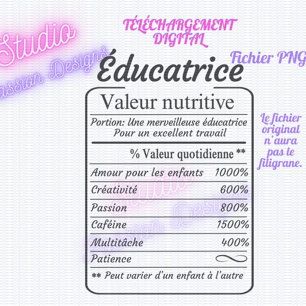 Table ''Nutritional value'' Educator - Transparent file - PNG - In French -