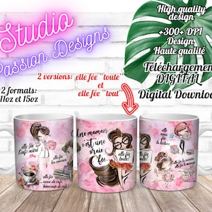 Peut inclure: Trois mugs en céramique blanche avec des motifs aquarelles roses et des illustrations de femmes. Les tasses comportent du texte en français, dont "elle fée l'infirmière" et "Une maman c'est une vraie fée." L'image comprend également le texte "Digital Download."