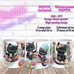 Chats noirs - Mignons - Adorables - Adorable Black cats - Fleurs - Flowers -Pour tasses  -  For Mugs - 11 oz et 15 oz