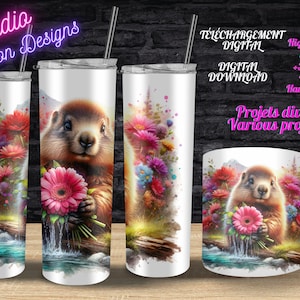 Marmotte adorable - Fleurs - Printemps - Cute Marmot-Flowers - Spring -PNG- Clipart - Tumbler - Gobelet - Tasse - Mug - +300dpi-Sublimation