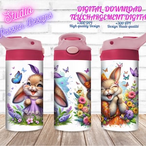 Lapins adorables -  Lapines -Papillons -Gobelet enfant 12oz - PNG 300dpi+ - Bunny - Cute bunnies- Digital Download 12 oz tumbler-Sublimation