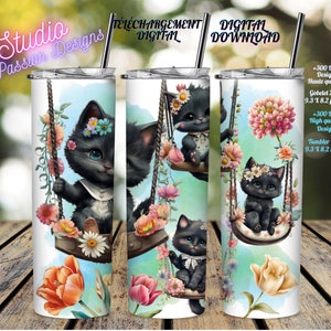 Chats adorables balançoire - Chatons - Cute cats swinging - Balck cats - Chats noirs - Kittens - PNG -Tumbler 20oz -Gobelet 20oz - Clipart