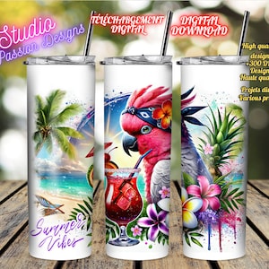 Summer Vibes - Perroquet Cacatoès - Cockatoo - Cocktail -Vacances -Tropical -Été-Plage -Beach-Gobelet/Tumbler-Tasse/Mug - SUBLIMATION - PNG