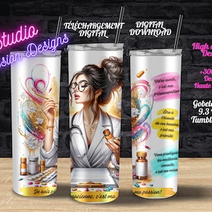 Magnifique pharmacienne - Passionnée - Mission - Messy bun - EN FRANÇAIS - PNG-Gobelet 20oz -Clipart- +300dpi -Digital Download -Pharmacist