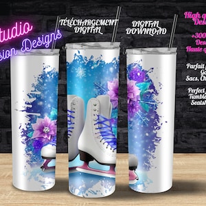 Patins artistiques - Ice skating figure - Glace - Ice - Fleurs - Flowers - PNG- +300DPI - Gobelet - Tumbler - Tasse -Mug - Chandail - Tshirt