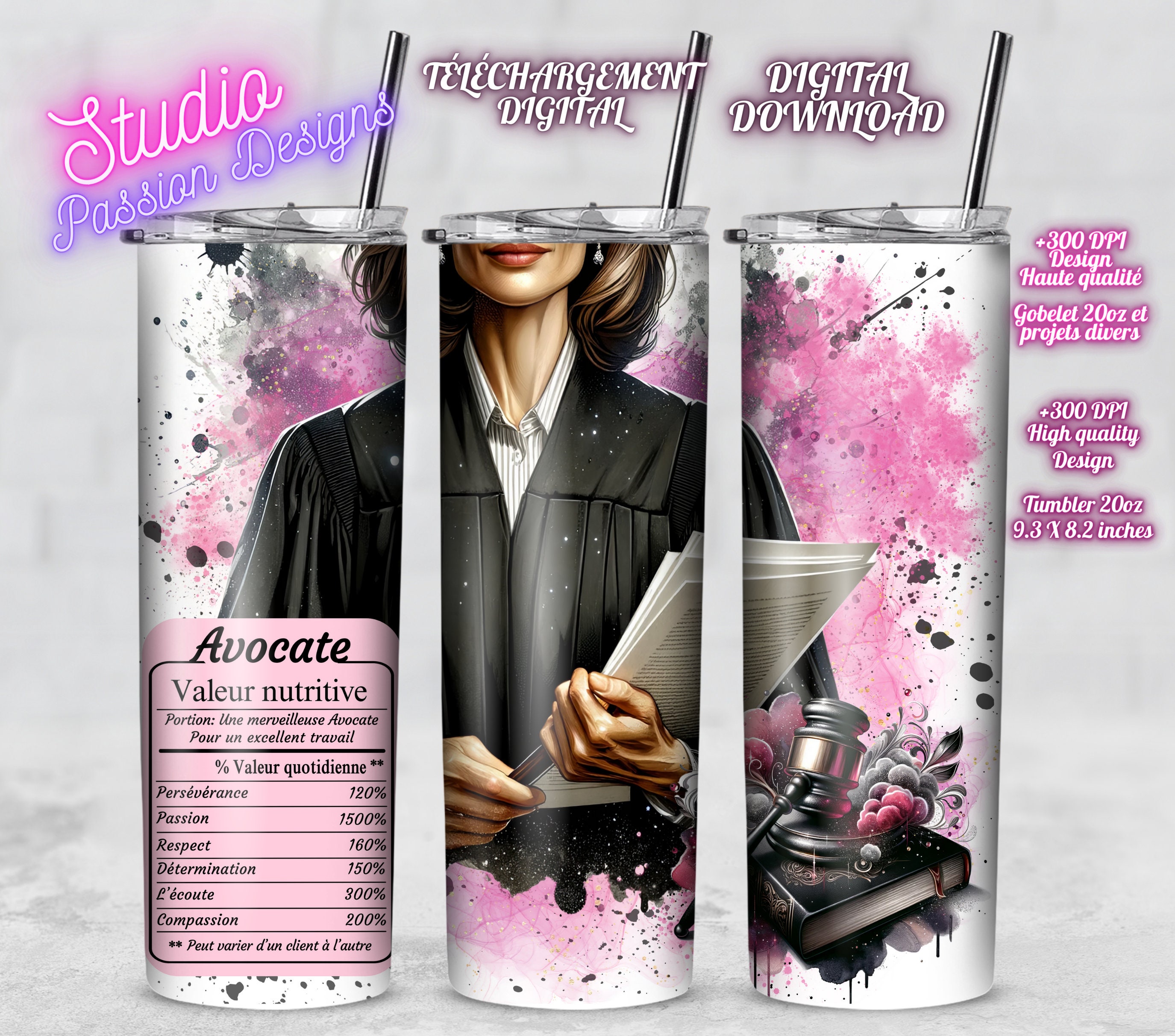 Mature woman lawyer - Law - Toga - Nutritional value - IN FRENCH - PNG - 20oz tumbler - Clipart- +300dpi - Sublimation