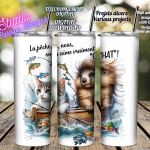 Marmotte et chat à la pêche - Poisson - Bateau - Humoristique- Été - EN FRANÇAIS -PNG -Tumbler -Tasse - Chandail - Verre à vin