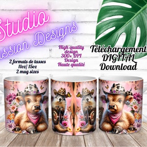 Petite vache Highland et Marmotte - Highland little cow and marmot- Western - Wrap - Tasse 11oz Mug/ Mug 15oz Tasse-  Digital Download - PNG