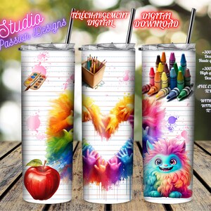 Puede incluir: Tres dise&ntilde;os de sublimaci&oacute;n para vasos de 20 oz. Los dise&ntilde;os presentan un coraz&oacute;n arco&iacute;ris con huellas de manos, un monstruo arco&iacute;ris y una manzana arco&iacute;ris con pinceles y crayones.