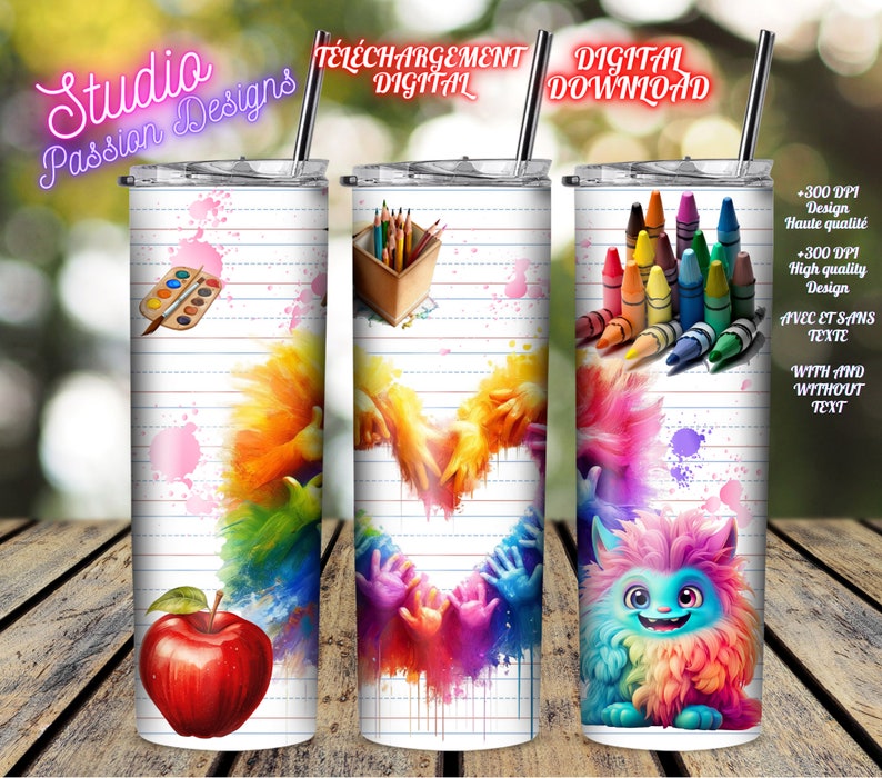 Puede incluir: Tres dise&ntilde;os de sublimaci&oacute;n para vasos de 20 oz. Los dise&ntilde;os presentan un coraz&oacute;n arco&iacute;ris con huellas de manos, un monstruo arco&iacute;ris y una manzana arco&iacute;ris con pinceles y crayones.