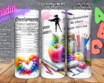 Maestro - Escuela - Maestro - Información nutricional - EN FRANCÉS - Vaso de 20 oz y varios proyectos - Archivo digital PNG - 300 dpi+