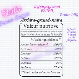 Tableau ''Valeur nutritive'' Arrière-grand-mère  - Fichier transparent - PNG - En français - Clipart