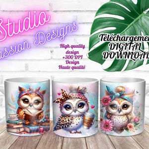 Adorables Chouettes - Hiboux - Owls - Café - Livres - Coffee - Books - Girly - Pour tasses 11 oz et 15 oz - +300DPI