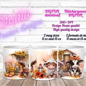 Adorables VACHES automne - Autumn cute COWS - Flowers - Fleurs - Tasses/Mugs  11 oz - 15 oz - PNG - 300+ dpi - Clipart