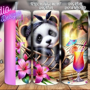 Adorable bébé PANDA  dans un hamac- Cute  baby in hamock - Fleurs - Tropical - Gobelet/Tumbler/ Tasse/Mug - +300dpi High Quality design