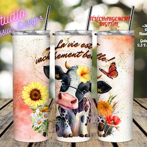 Koe - Het leven is echt mooi - Inspirerend - Bloemen - Rode achtergrond - IN HET FRANS - Wrap 20oz straight tumbler - Digitale download - PNG +300DPI