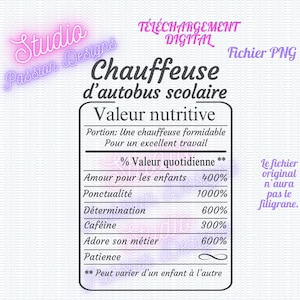 Tableau ''Valeur nutritive'' Chauffeuse d'autobus scolaire - Fichier transparent - PNG - En français -