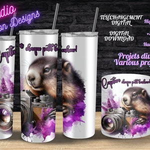 Marmotte adorable - Camera - Focus - Lilas - Cute Marmot- Lilac - Camera Spring - PNG -Tumbler - Gobelet - Tasse - Mug - +300dpi-Sublimation