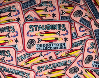 Vintage Inspired Embroidered Sardine Tin Iron-on Patch- Pink