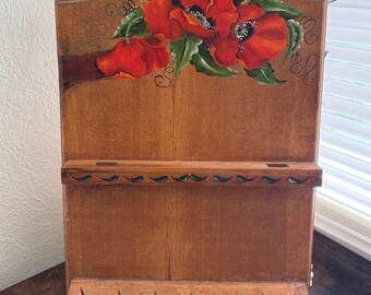 Vintage Wooden Sewing Wall Rack Hand Painted Floral Thread Holder Scissor Organizer Folk Art Cottage Decor Rustic Wall Storage