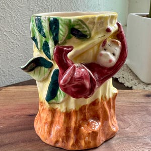 Jarrón de duende vintage, decoración de jardín de hadas del bosque, maceta de tronco de árbol, mini jarrón de cerámica caprichoso de estilo cottagecore