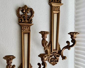 Vintage Syroco Double Candle Wall Sconces Gold Hollywood Regency Ornate Candle Holders Set Mid Century Wall Decor
