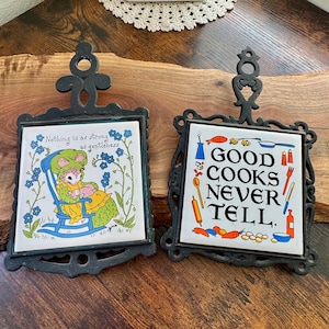 Vintage Ceramic Tile Trivets Cast Iron Wall Hanging Kitchen Decor Set of 2