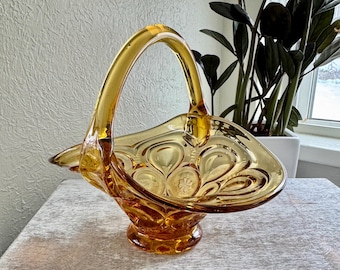 Vintage LE Smith Moon & Stars Amber Glass Basket Small Split Handle Candy Dish Collectible Pressed Glass