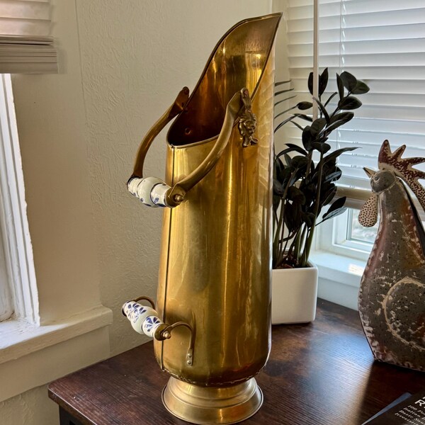 Large Vintage Scuttle Brass Lion Head Coal & Ash 21" with Porcelain Handles