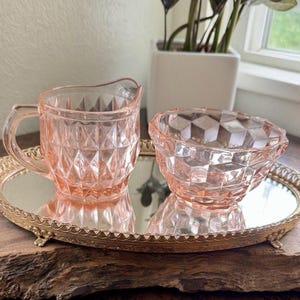 Vintage Jeannette Windsor Diamond Pink Depression Glass Creamer & Desert Bowl