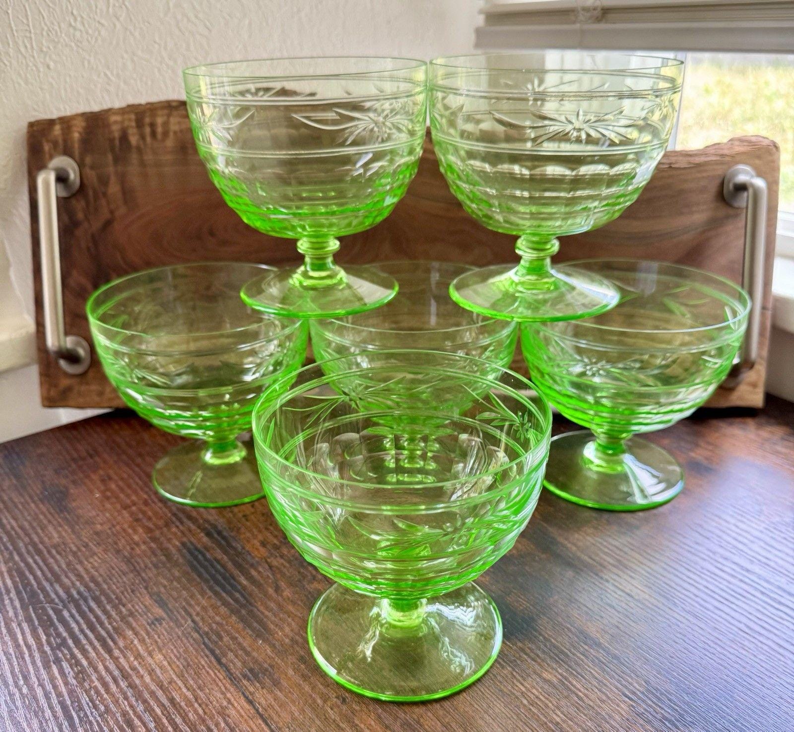 Vintage Light Green Uranium Dessert Cups Serving Bowls Goblets Set Of 6 READ