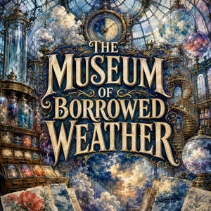 May include: A digital illustration titled The Museum of Borrowed Weather featuring ornate gold lettering against a dark blue background. The scene includes glass orbs containing clouds and lightning, a large clock, and shelves filled with weather-themed items.