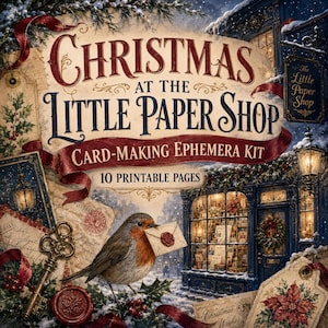 Può includere: Un kit di efemeridi per creare biglietti Christmas at the Little Paper Shop con 10 pagine stampabili. Il design presenta un pettirosso che tiene una busta, una chiave vintage, un sigillo di ceralacca e un negozio con decorazioni natalizie.