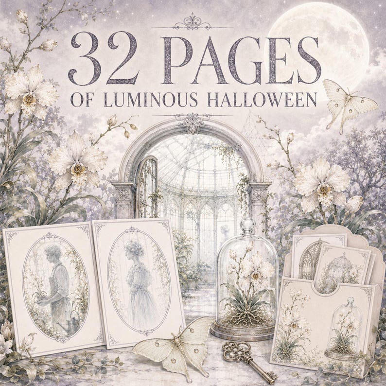 May include: A collection of stationery featuring the text 32 PAGES OF LUMINOUS HALLOWEEN, including two rectangular cards with oval portraits, a glass cloche containing a plant, a moth illustration, a metal key, and a paper holder with cards.