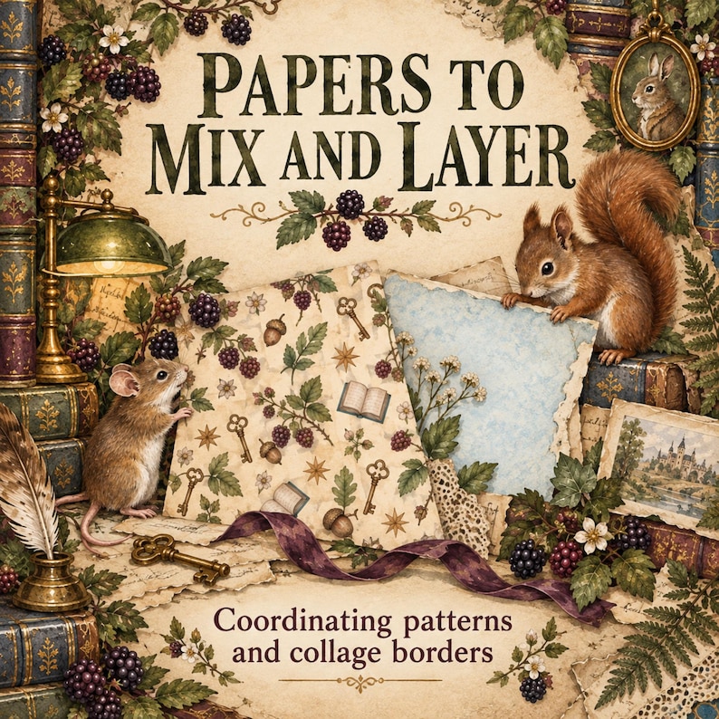 May include: A book cover titled Papers to Mix and Layer with coordinating patterns and collage borders. The illustration features a brown mouse, a red squirrel, blackberries, keys, and books, framed by foliage and a small oval portrait of a rabbit.