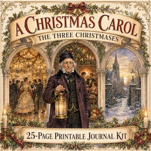 Pode incluir: Um kit de diário imprimível de 25 páginas intitulado A Christmas Carol: The Three Christmases. A capa apresenta uma ilustração de um homem de casaco escuro segurando uma lanterna, ladeado por cenas de um baile e um cemitério nevado, com velas.