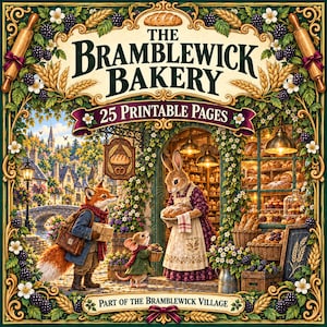 Może przedstawiać: Cyfrowa ilustracja zatytułowana The Bramblewick Bakery zawierająca 25 stron do druku. Scena przedstawia lisa i mysz odwiedzających królika piekarza w sklepie pełnym chleba, w ozdobnej ramie z motywami pszenicy i jeżyn.