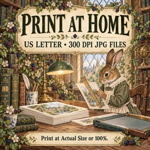 May include: A digital print file listing featuring a rabbit in a library setting. Text reads PRINT AT HOME, US LETTER, 300 DPI JPG FILES, and Print at Actual Size or 100%. The scene includes a desk, a lamp, books, and a paper cutter.