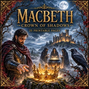 Puede incluir: Una ilustración digital titulada MACBETH CROWN OF SHADOWS 25 PRINTABLE PAGES que muestra a un guerrero barbudo con armadura y capa de cuadros rojos extendiendo la mano hacia una corona dorada brillante. Tres figuras encapuchadas junto a un caldero.