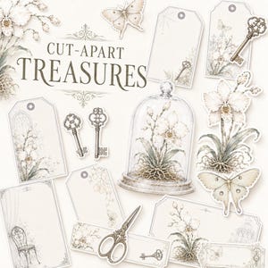 May include: A collection of paper ephemera featuring the text CUT-APART TREASURES, including die-cut tags, keys, scissors, a glass cloche with an orchid, and moth illustrations in neutral beige and cream tones with intricate botanical line art.