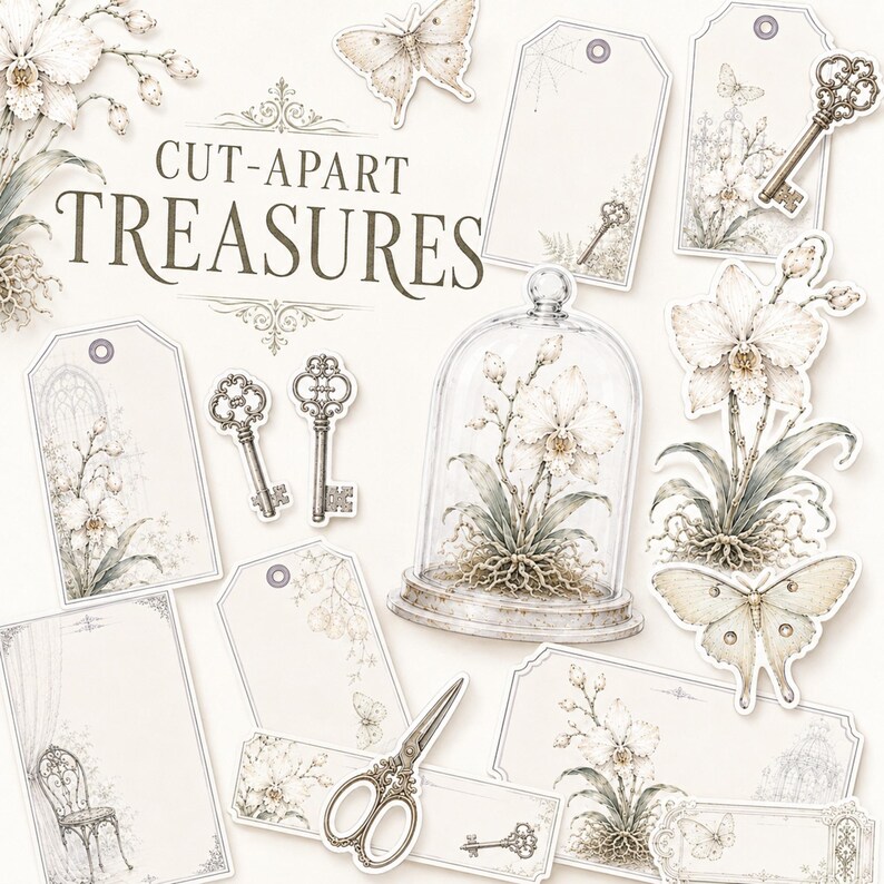 May include: A collection of paper ephemera featuring the text CUT-APART TREASURES, including die-cut tags, keys, scissors, a glass cloche with an orchid, and moth illustrations in neutral beige and cream tones with intricate botanical line art.