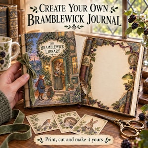 May include: A journal titled Create Your Own Bramblewick Journal featuring an illustration of a rabbit, fox, and hedgehog at a library entrance. The open pages show decorative borders with books, blackberries, and a lamp. Includes three small cards.