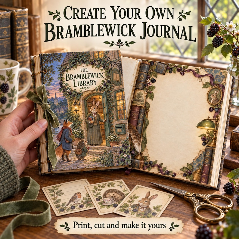 May include: A journal titled Create Your Own Bramblewick Journal featuring an illustration of a rabbit, fox, and hedgehog at a library entrance. The open pages show decorative borders with books, blackberries, and a lamp. Includes three small cards.
